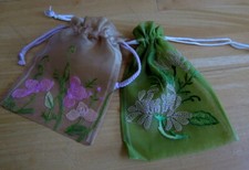 NEW Pretty Small  Sheer Hand Embroidered Drawstring Bags set