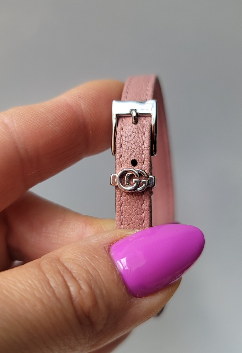 GUCCI Dusty Pink Leather Bracelet Silver GG Double G Buckle