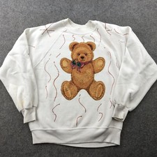 Vintage Jerzees Sweatshirt Mens Large White Teddy Bear Christmas Fleece USA 
