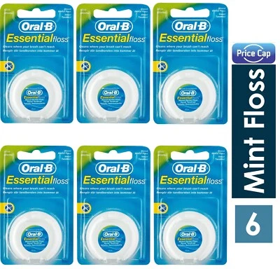 6 x Oral B Essential Mint Floss Waxed 50 M | Dental Mint Floss Healthy Gum