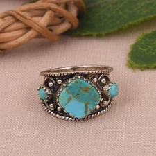 Kingman Turquoise Trio Chunky Ring Sterling Silver Wedding Rings Gift For Bridal