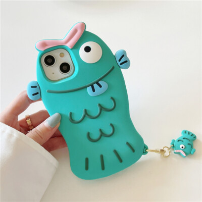 Kawaii 3D Cartoon Ugly Fish Silicone Case+Pendant for iPhone 12 13 14 15 Pro Max