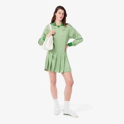 Lacoste Pleated Satin Polo Dress Women's 38/6 Green/White Long Sleeve Pullover