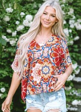 Boho Red Floral V Neck Short Sleeve Batwing Blouse