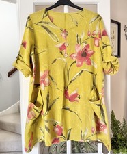 Italian Made Linen Yellow Pink Floral Lagenlook Tunic Top Blouse Size 12-14-16