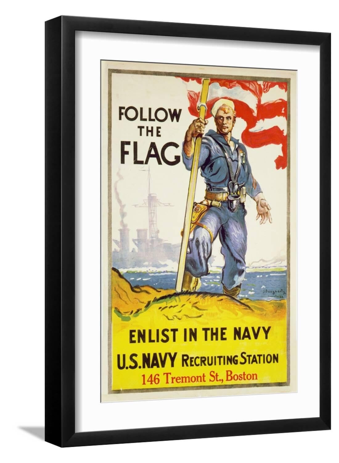 Vintage US Navy Poster Follow the Flag Black Frame Wall Art-image