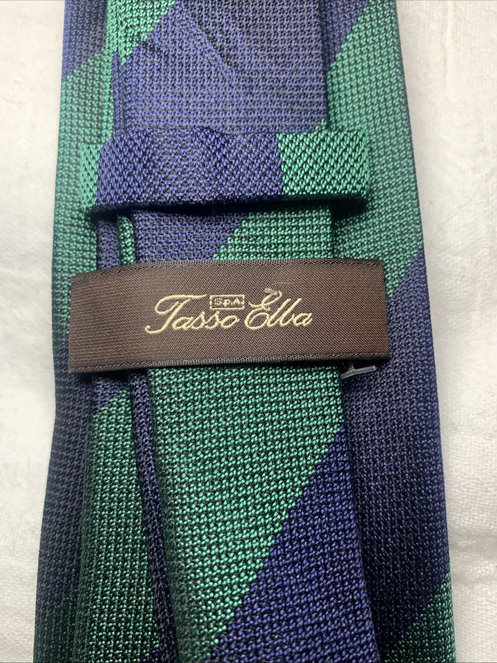 Gravata Tasso Elba azul e verde listra larga gravata estilo clássico preppy - Imagem 4 de 4