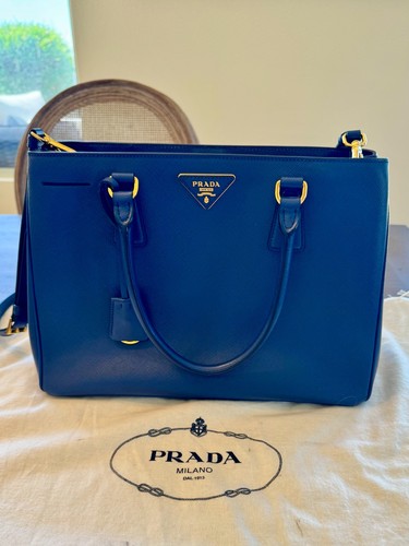 Prada Saffiano Lux Medium Double Zip Tote Bluette Blue Gold Hardware 13.5"