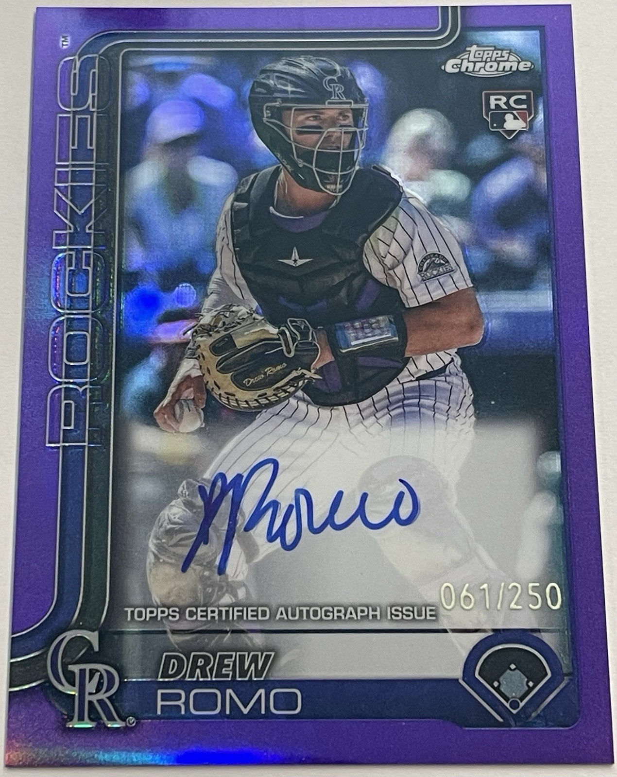 2025 DREW ROMO Topps Chrome ROOKIE AUTO PURPLE REFRACTOR/250 ROCKIES COLOR MATCH