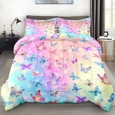 Comforter Set Full Size, Pink Blue Butterfly Soft Bedding for Kids and Adults