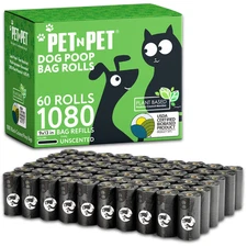PET N PET 1080 Counts Black Dog Poop Bag Rolls 38% Plant Based 62% PE Waste Bags