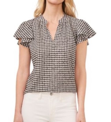 CECE Gingham Flutter Sleeve Top Size M