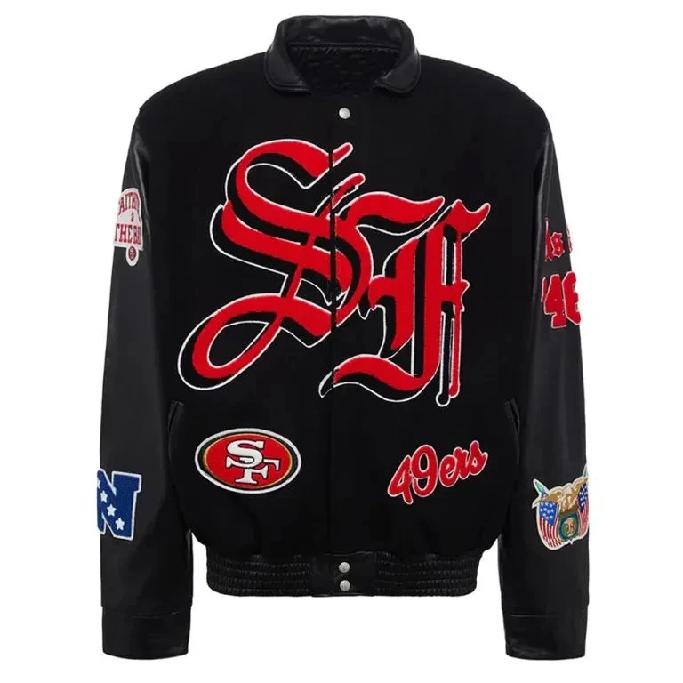 JH San Francisco 49ers Black Wool Real Sleeves Varsity Letterman Jacket