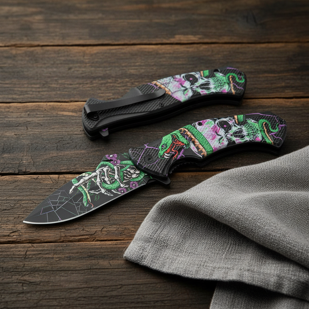 5 inch folding pocket knife serpent design ABS handle manual blade