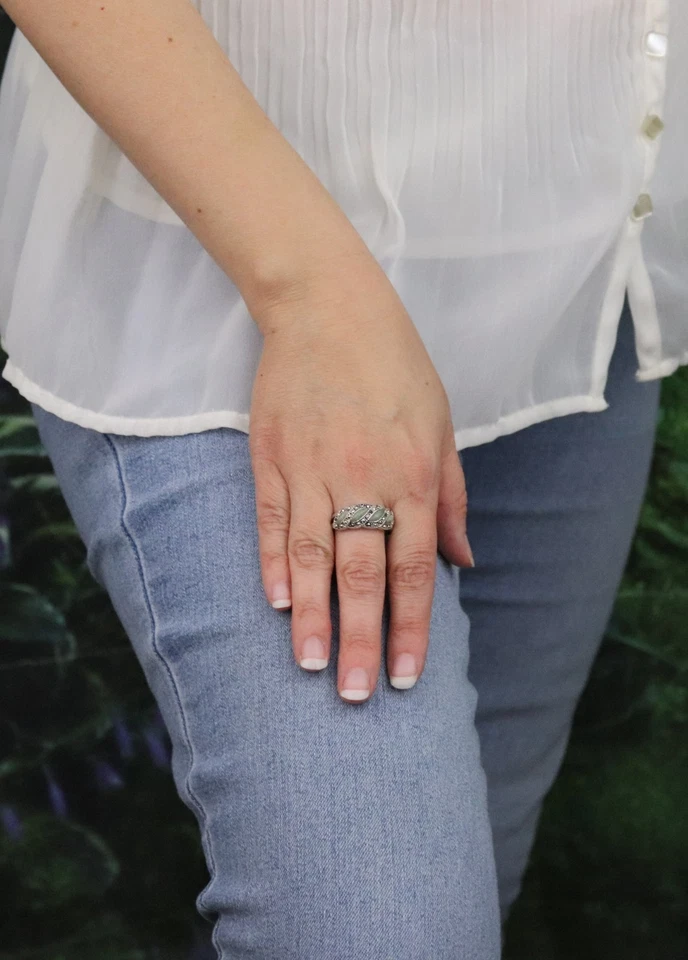 Sterling Silver Jade & Marcasite Band Ring Vintage Avon Size 10 - Image 3 of 4