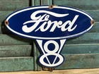 VINTAGE 1939 DATED FORD MOTOR COMPANY V8 PORCELAIN ENAMEL DEALERSHIP SIGN