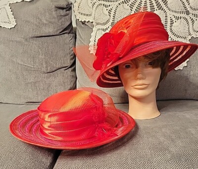 90s Vintage D. Meucci Red Italian Women\'s Straw Derby Hat Vintage Italy Straw Raffia Boater Hat, 1940s-50s Hat  main image 4