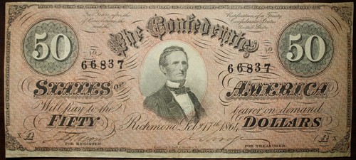 1864 $50 Confederate States Of America Currency T66 R.4 CR500 AU Condition P70