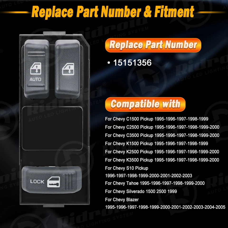 前左侧电源窗开关适用于雪佛兰 GMC 皮卡车 2-Dr 15151356 — 第 4/4 张图片