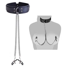 PU Leather Collar With Nipple Clamps SM Bondage Play Sex Toys for Couples