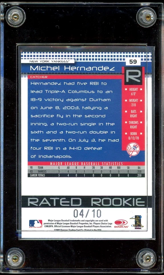 2004 DONRUSS MICHEL HERNANDEZ BLACK PRESS PROOF 4/10 RATED ROOKIE #59 YANKEES - Image 2 of 2