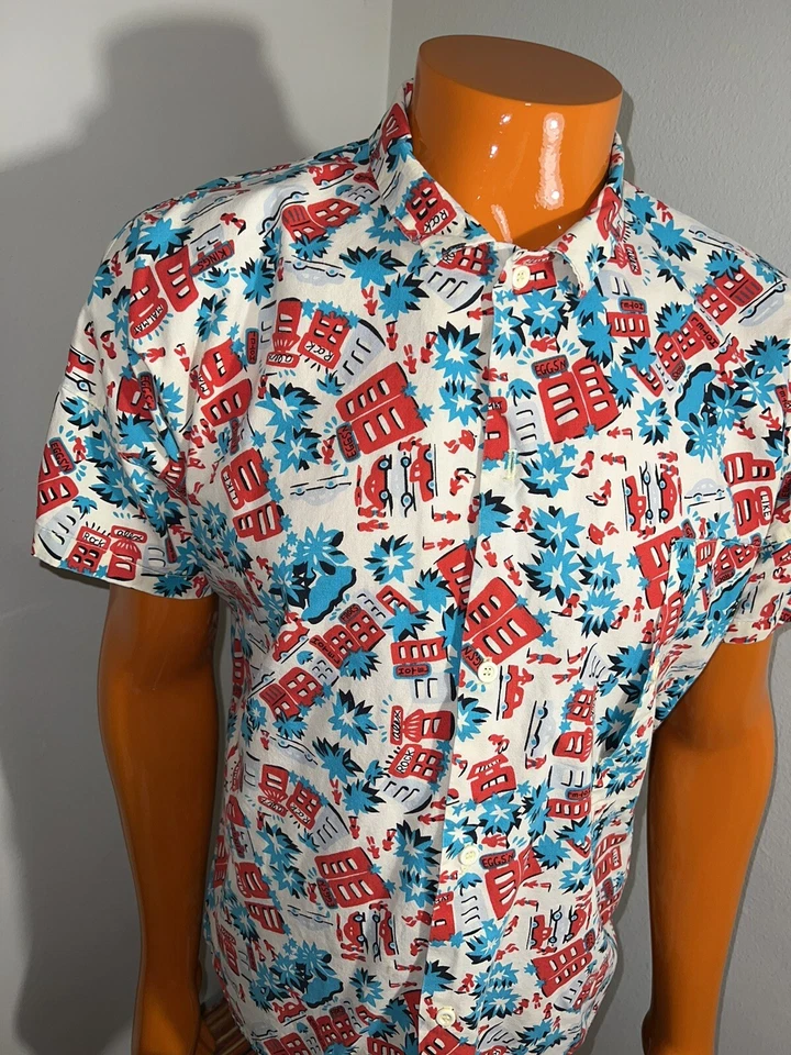A8 Vintage Ocean Pacific OP Hawaiian Shirt All Over Print City Scene Mens L Rare - Image 2 of 4