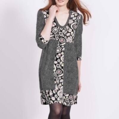Boden Mollie Patchwork Printed V-Neck Mini Dress Black Arabesque Women's  US4