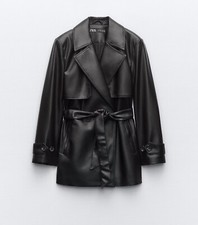 Nwt Zara Black Trend Belt Short Faux Leather Trench Coat Jacket 3046/265 S