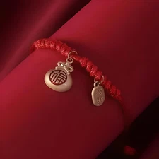 Year Of The Rabbit Red Elastic Adjustable Cord Bracelet With Money Bag Charm