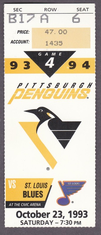 Oct. 23, 1993 Pittsburgh Penguins vs. St. Louis Blues Ticket Stub 