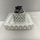 Vintage Milk Glass Hobnail Chrome Table Top Lighter  3.25" Tall