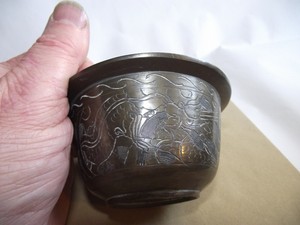 VINTAGE BRONZE TEMPLE BOWL WITH HAND SCRIBED DECORATION