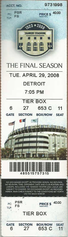 Robinson Cano HR #50 4/29/08 Tigers at Yankees Full Ticket Kenny Rogers Win #212