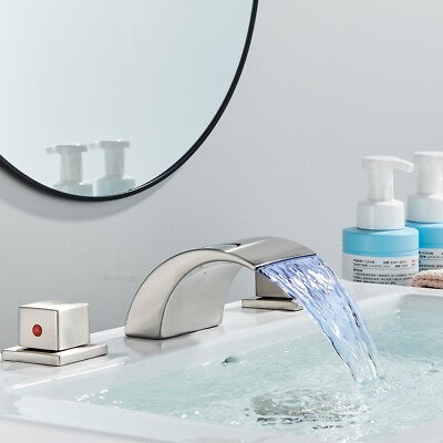 Senlesen LED Widespread Brushed Nickel Basin Faucet Waterfall 3 Holes Sink Mixer