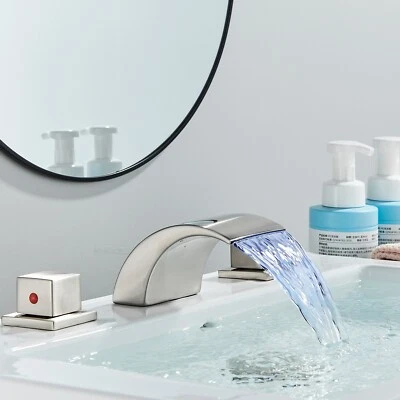 BWE 3 Hole Widespread Bathroom Sink Faucet LED Waterfall Vanity Mixer Brushed Nickel