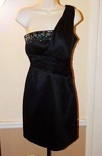 $99 NINE WEST Black Silky Satiny 1-Shoulder Dress w/Silver & Green Beading SZ 2