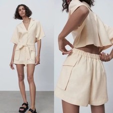 Zara Shorts Romper Playsuit Waist Tie Open Back Linen Open Back Women's Small