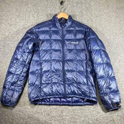 Montbell Ex Light Down Jacket Mens Medium Blue Puffer Full Zip 800FP Distressed video thumbnail
