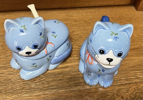 VTG Otagiri Japan Blue Flower Cat Kittens Ceramic Creamer Sugar Spoon Set