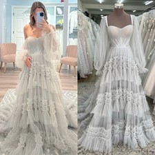 Dusty Blue Wedding Dresses Detachable Long Sleeve Ruffle Tulle Beach Bridal Gown