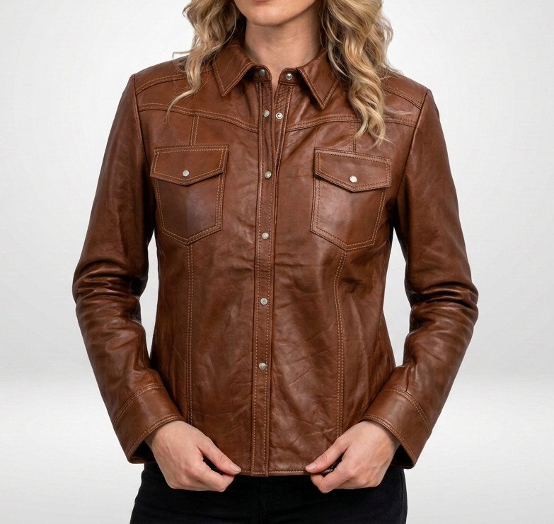Womens Black Leather Shirt Jacket Real Lambskin Western Snap Button Casual Coat image 5
