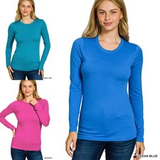 Women Round Neck Buttery Soft Brushed Microfiber Long Sleeve Top T-Shirt Small 