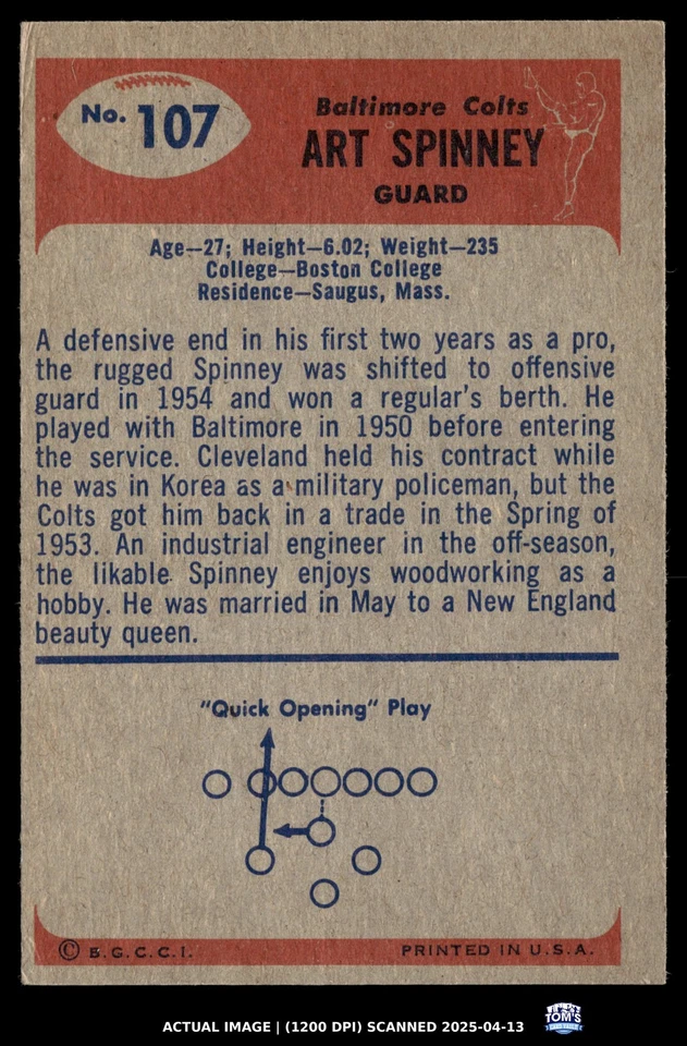 1955 Bowman #107 Art Spinney Colts NM - Image 2 of 2
