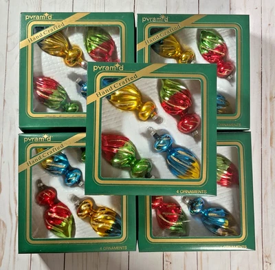 HANDCRAFTED Five Boxes (20 Total) Vintage Pyramid Hand Crafted Christmas Ornaments 4" Glass