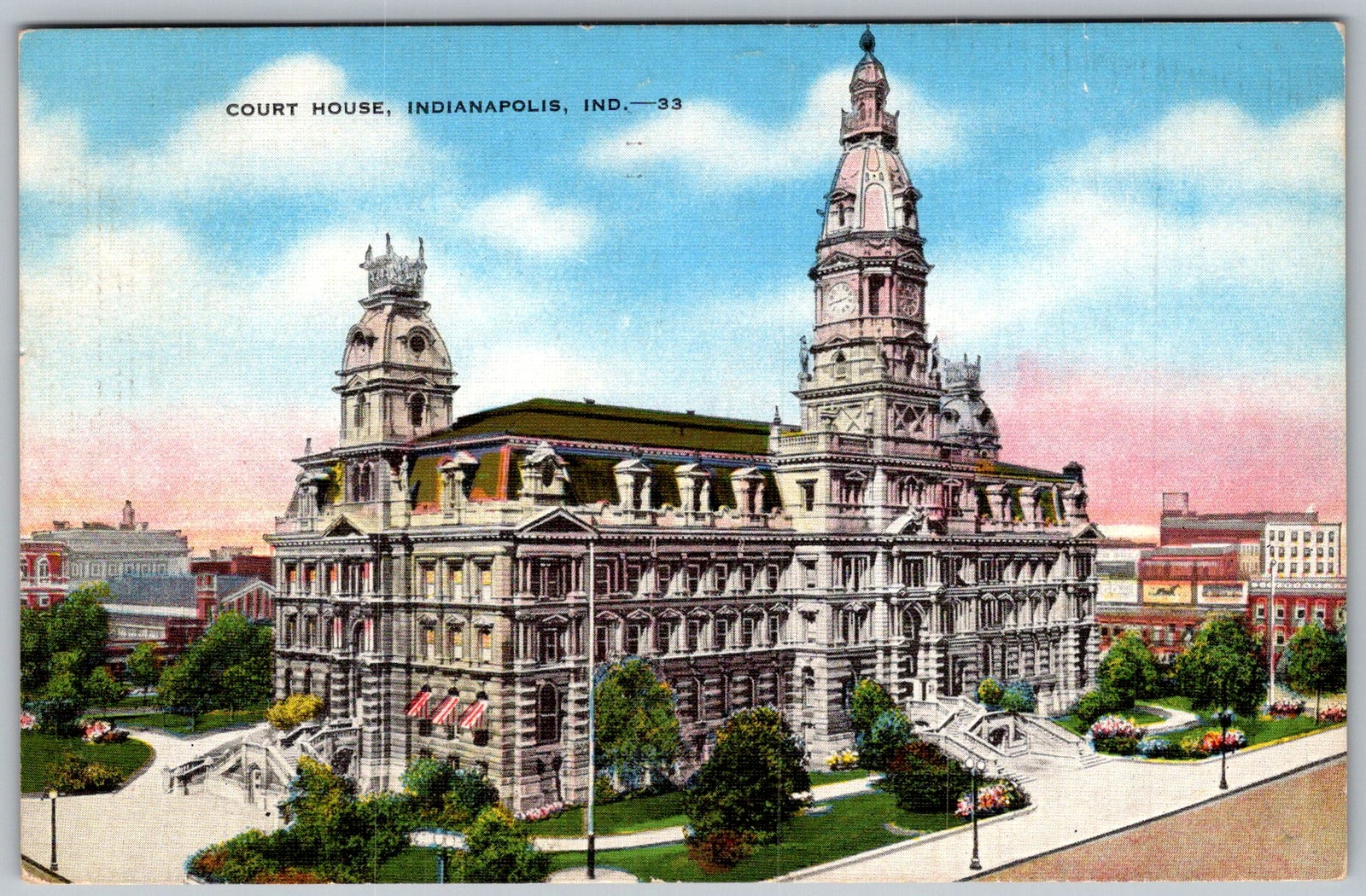 Vtg Linen Postcard Marion County Court House Indianapolis, 1940s
