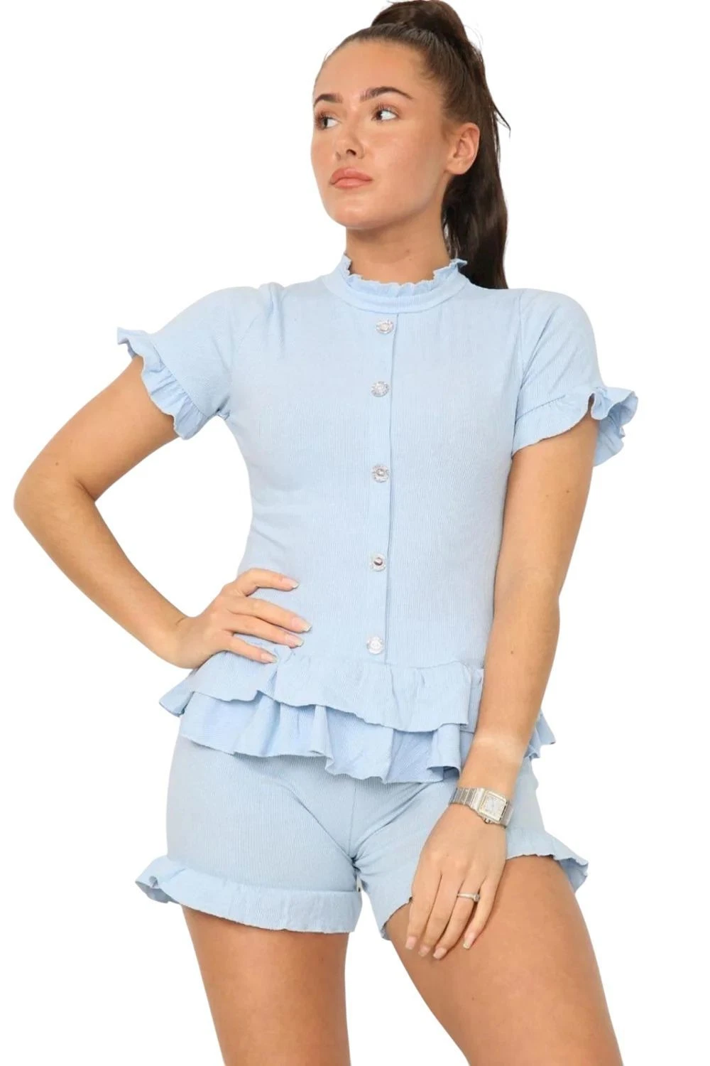 Women's Ruffle Trim Co-Ord Set with Diamond Buttons – Short Sleeve Lounge Set