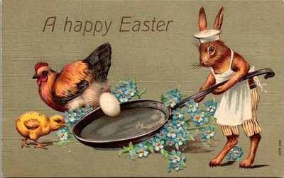 Dressed Bunny Rabbit Cooks Eggs~Antique ~Anthropomorphic Easter Postcard~s303