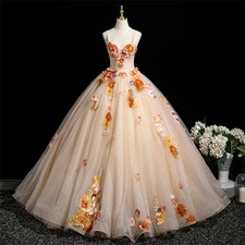 Princess Champagne Wedding Dresses with Straps 3D Flowers A Line Bridal Gowns