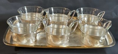 1960s Brushed Metal Tea Glass Set w/ Serving Tray Schott Mainz Jena Glas Germany