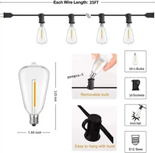 25FT - 100FT LED Outdoor String Lights Dimmable Waterproof ST38 LED Patio Lights